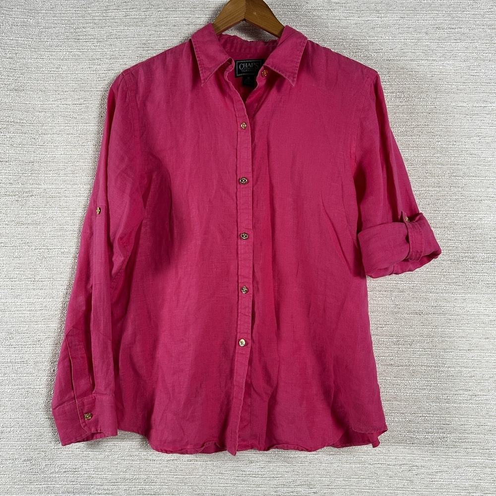 Chaps 100% Linen Long Sleeve Button Up Shirt Women Sz Med Pink Roll Tab Sleeve